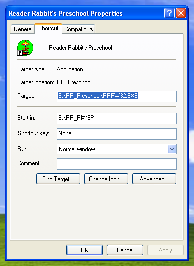 Properties for the Reader Rabbit's Preschool Start Menu shortcut